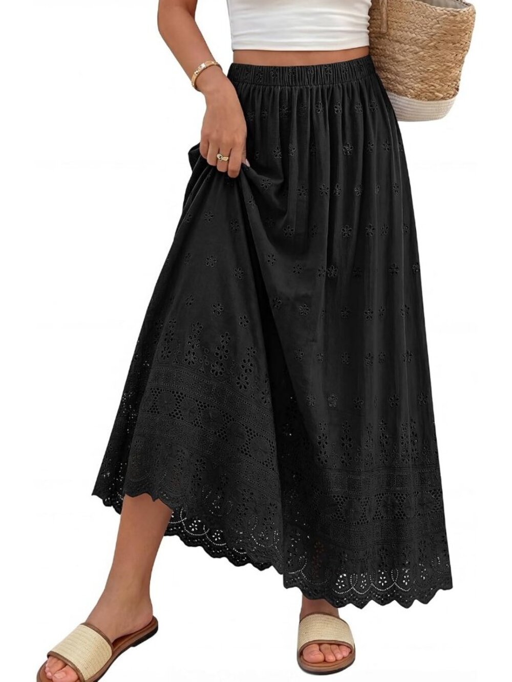 Boho Eyelet A-Line Cotton Flowy Maxi Skirt for Women - Summer Fashion Essential